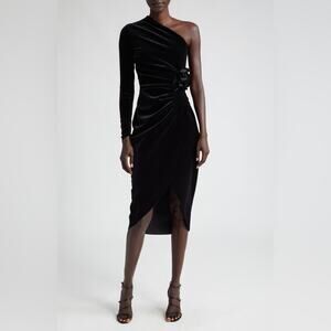 Chiara Boni Black Velvet Agapios Floral One-Shoulder Long Sleeve Sheath Dress 14